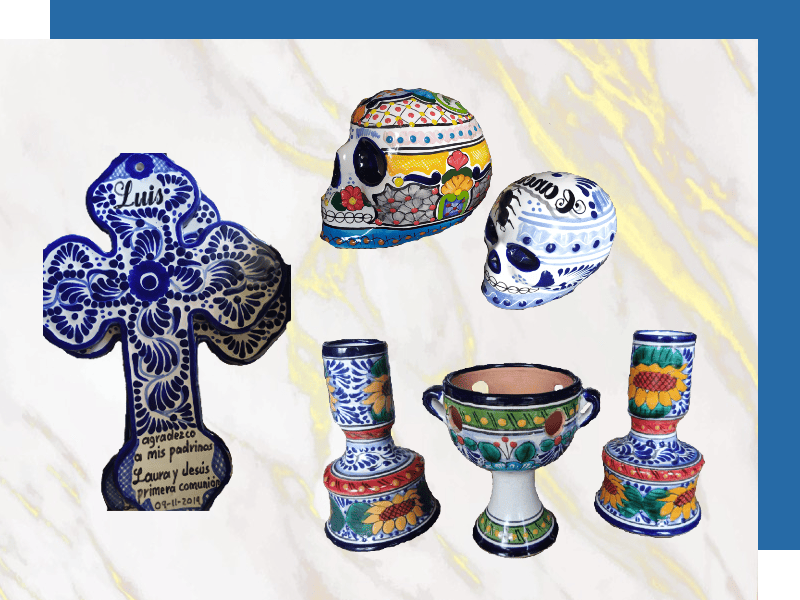 Calaveras, Sahumerios, candelabros, cruces, placas domiciliarias, murales, floreros, placas conmemorativas de Talavera