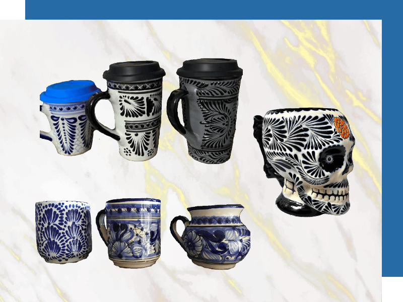 Vasos, tazas, chocolateras, termo, termo con asa, copas, tarro, taza de te, taza de cafe, vaso de mate, vaso para capuchino, vaso tequilero de Talavera