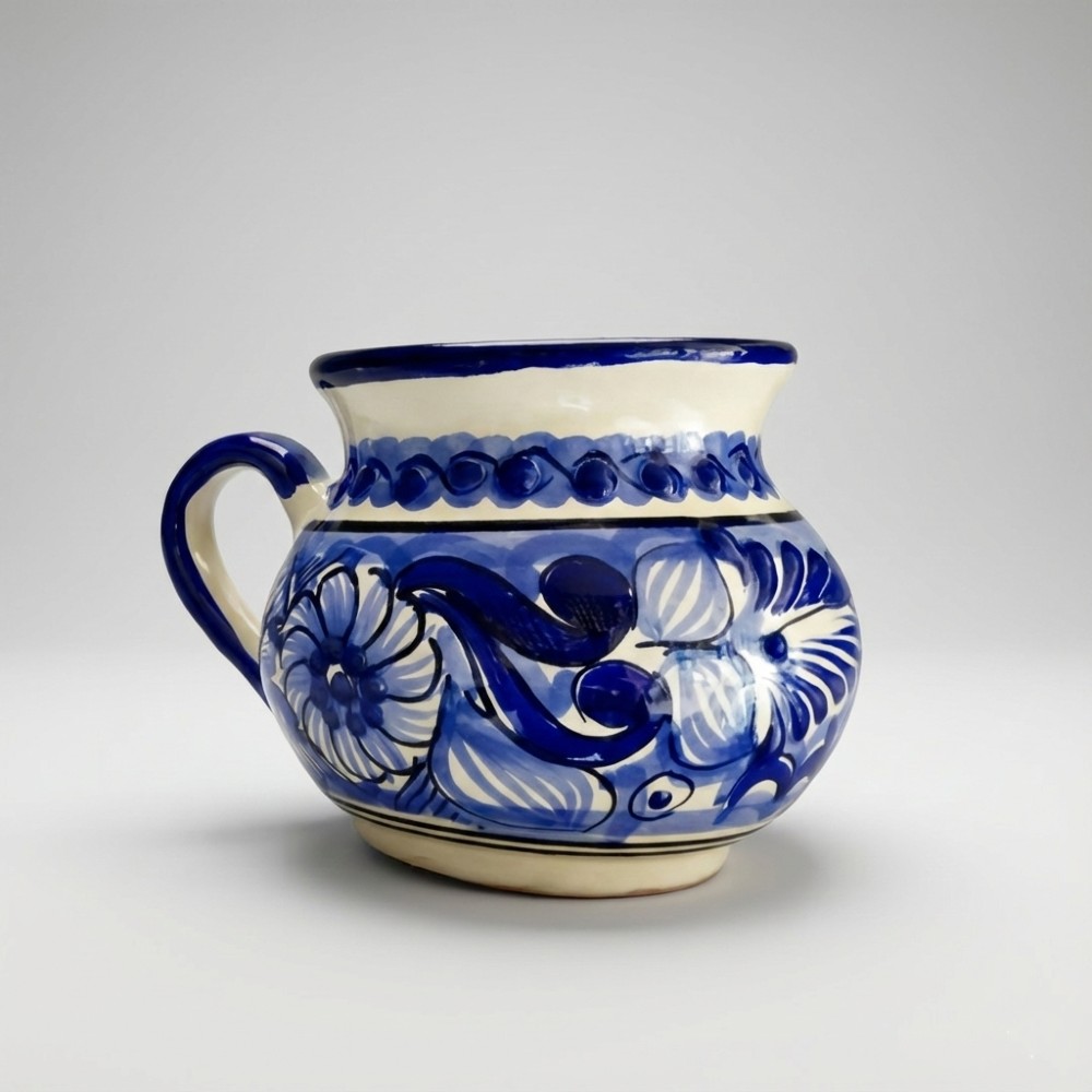 El Taller de Talavera, Talavera artesanal, jarro de cerámica, taza mexicana, taza tradicional, taza azul floreada, taza Talavera, artesanía de Puebla, decoración mexicana, regalo mexicano, café de olla, taza personalizada
