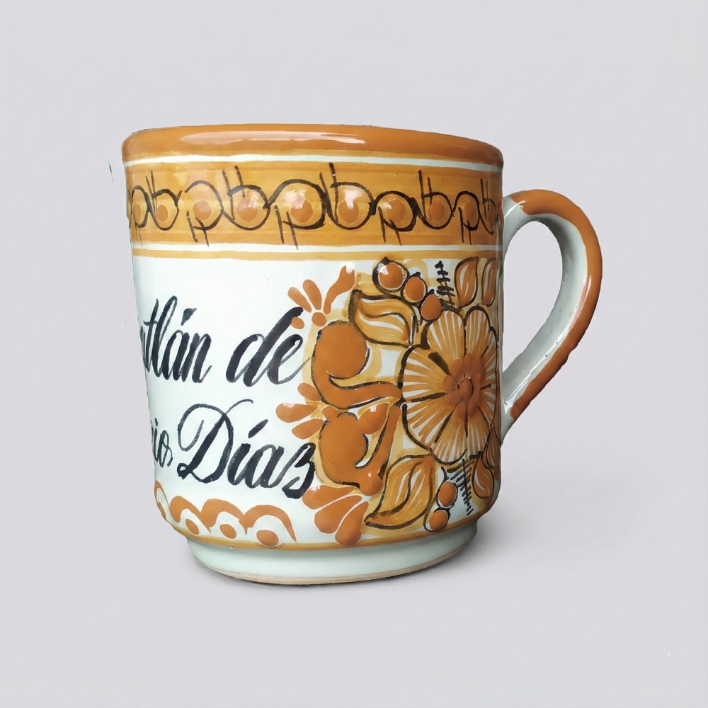 El Taller de Talavera, taza tipo tarro talavera, taza azul artesanal, cerámica poblana, taza floreada hecha a mano, regalos mexicanos, Talavera Puebla, tarro de barro pintado, taza grande artesanal