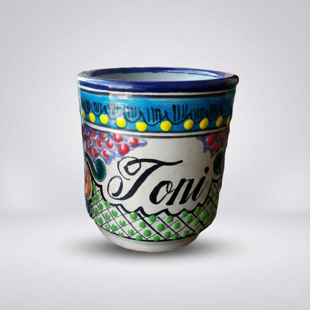 El Taller de Talavera, taza tipo tarro talavera, taza azul artesanal, cerámica poblana, taza floreada hecha a mano, regalos mexicanos, Talavera Puebla, tarro de barro pintado, taza grande artesanal