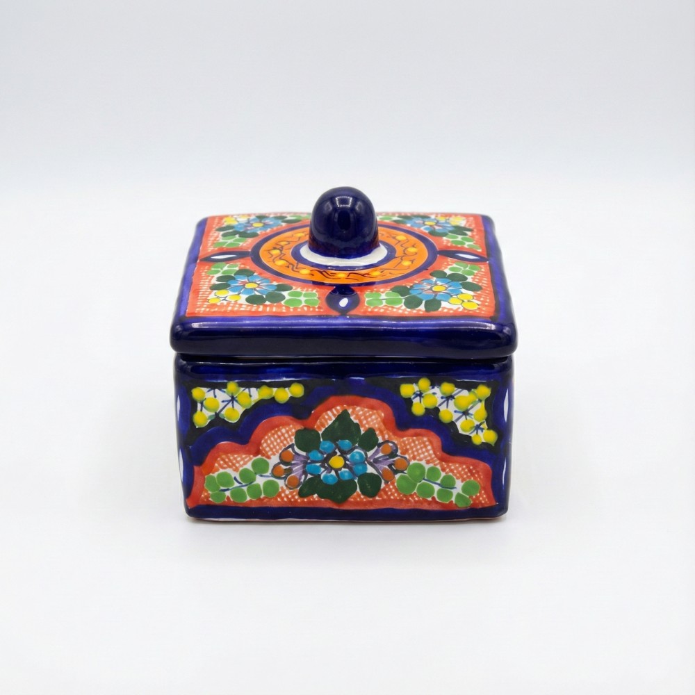 El Taller de Talavera, alhajero Talavera, alhajero cuadrado artesanal, joyero de cerámica mexicana, caja decorativa Talavera, regalo artesanal hecho en México, Talavera Puebla, alhajero azul pintado a mano, decoración mexicana, cerámica tradicional, artesanía mexicana auténtica